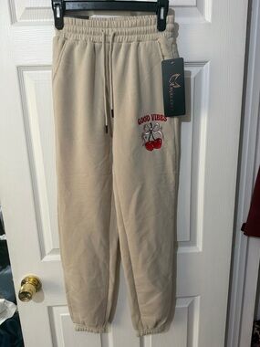 Beige 'Good Vibes' Cherry Embroidered Sweatpants